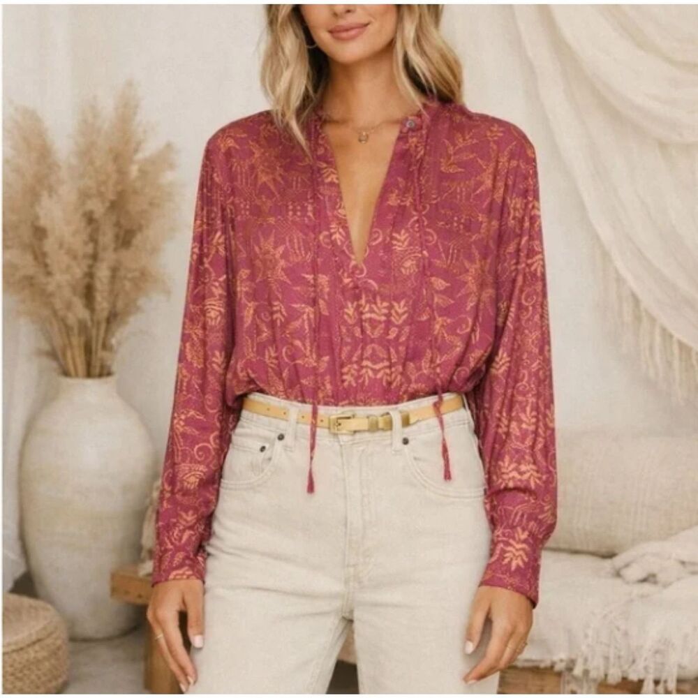 Free People Mia Long Sleeve Tunic Blouse in Rouge Combo XS